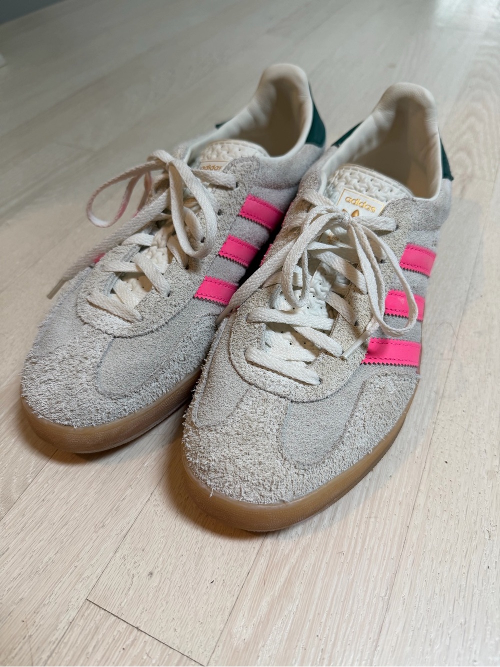 adidas Beige Suede Sneakers with Bright Pink Stripes